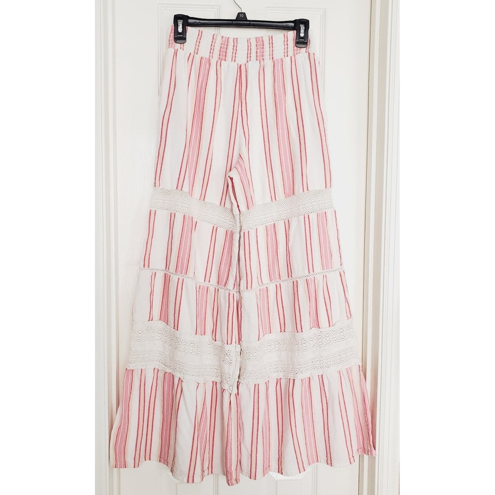 Angie Wide Leg Smocked Trousers Pink White Striped Boho Crochet Tiered Cotton M - Picture 5 of 11
